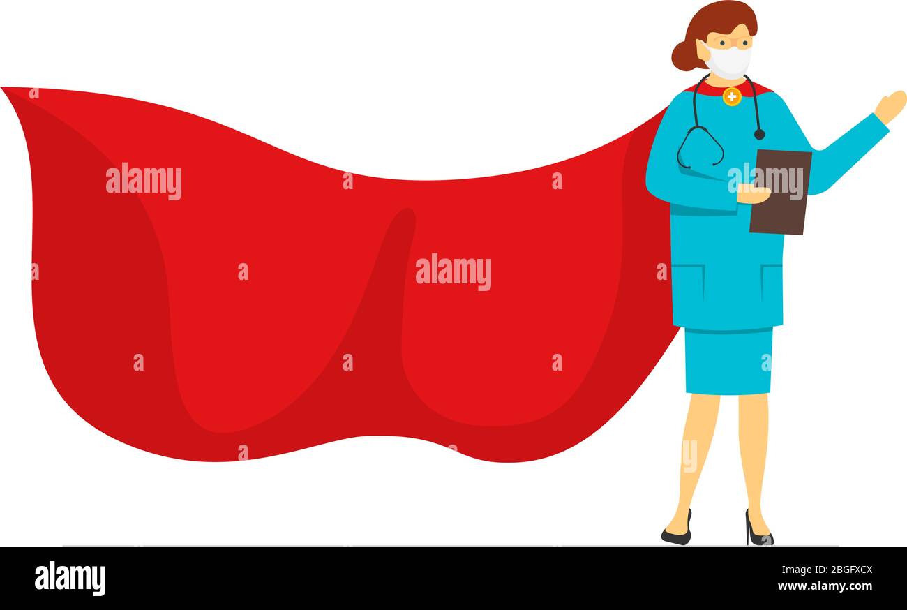 Super héros femme médecin en protection masque de visage portant le rouge superhéros cloak isolé sur fond blanc. Personnage de dessin animé à vecteur plat femme de travail dur héroïque profession médicale eps illustration Illustration de Vecteur