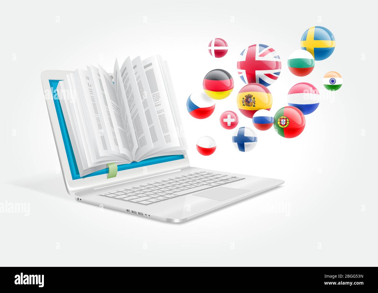 Un ordinateur portable avec un livre pour apprendre les langues étrangères. Le système d'e-learning. Illustration de Vecteur