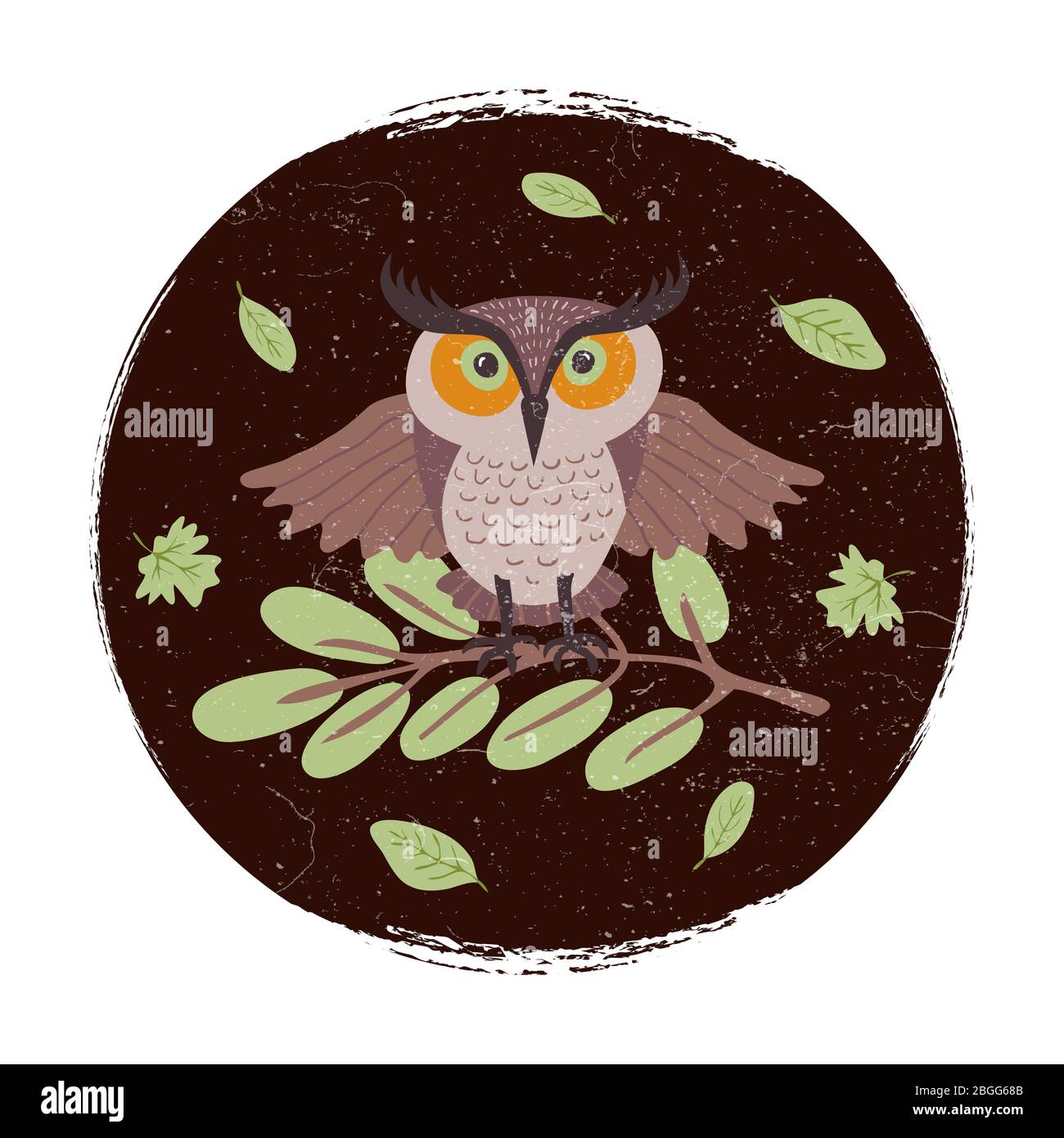 Chouette de dessin animé sauvage sur carte de grunge de branche ou emblème ou logo. Vecteur chouette sur la llastration isolée sur blanc Illustration de Vecteur