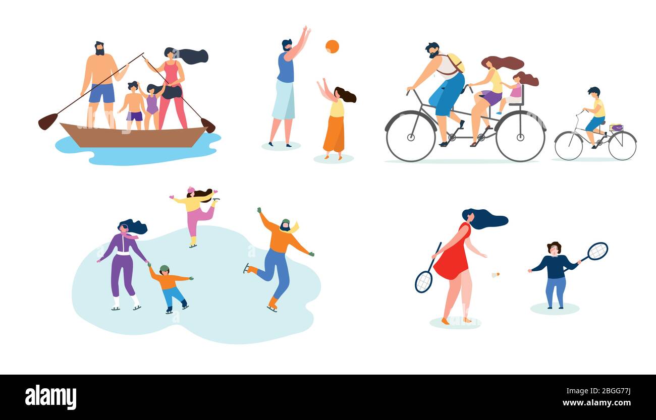 Vector Flat Illustration Family Active Lifestyle. Famille sur petit bateau flottant River Dad joue avec la boule fille. Les parents ont pris des enfants sur le rhum A Illustration de Vecteur