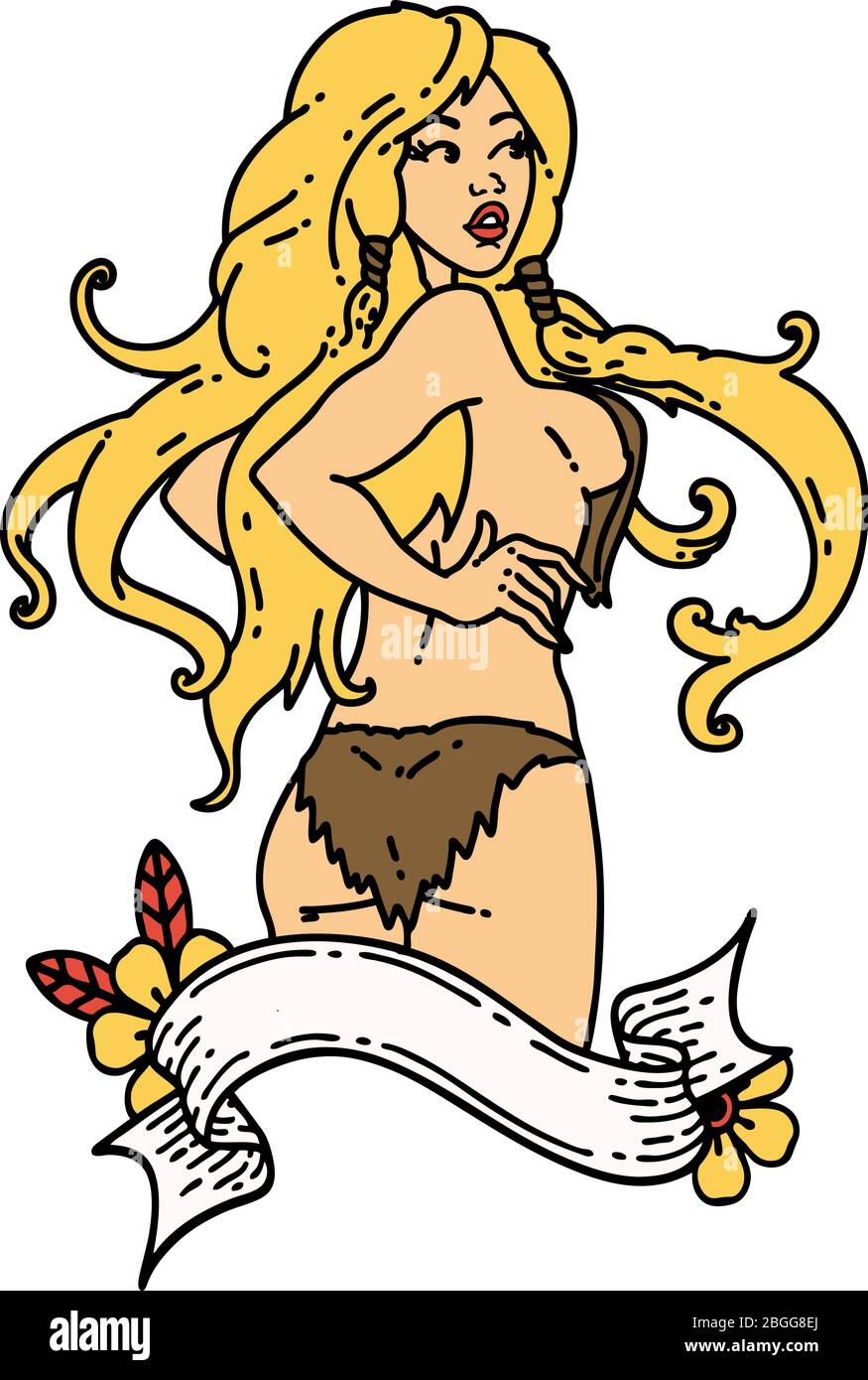 tatouage dans le style traditionnel d'une jeune fille viking pinup avec bannière Illustration de Vecteur