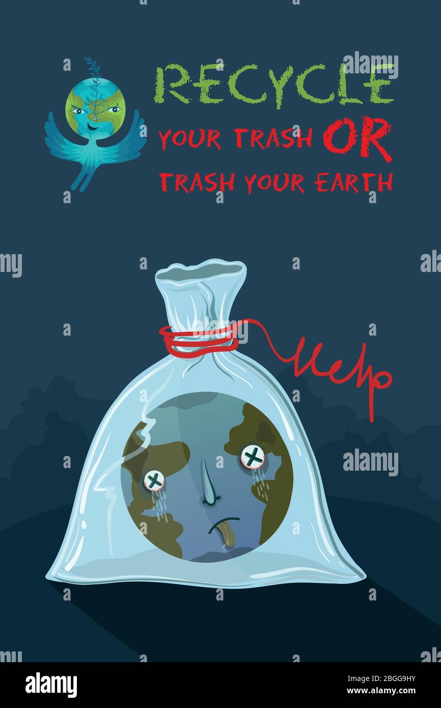 Illustration écologique de la planète Terre qui a étouffé dans un sac en plastique. Illustration de Vecteur