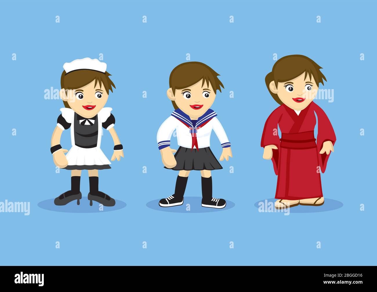 Illustration vectorielle de filles de dessin animé en costumes fantaisie pour la femme de ménage française, uniforme d'école de style Déailor et kimono japonais traditionnel. Illustration de Vecteur