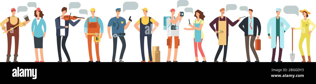 Homme et femme spécialiste et employé. Groupe de personnes différentes professions avec des bulles de parole vierges isolées sur fond blanc. Groupe d'occupation. Illustration vectorielle Illustration de Vecteur