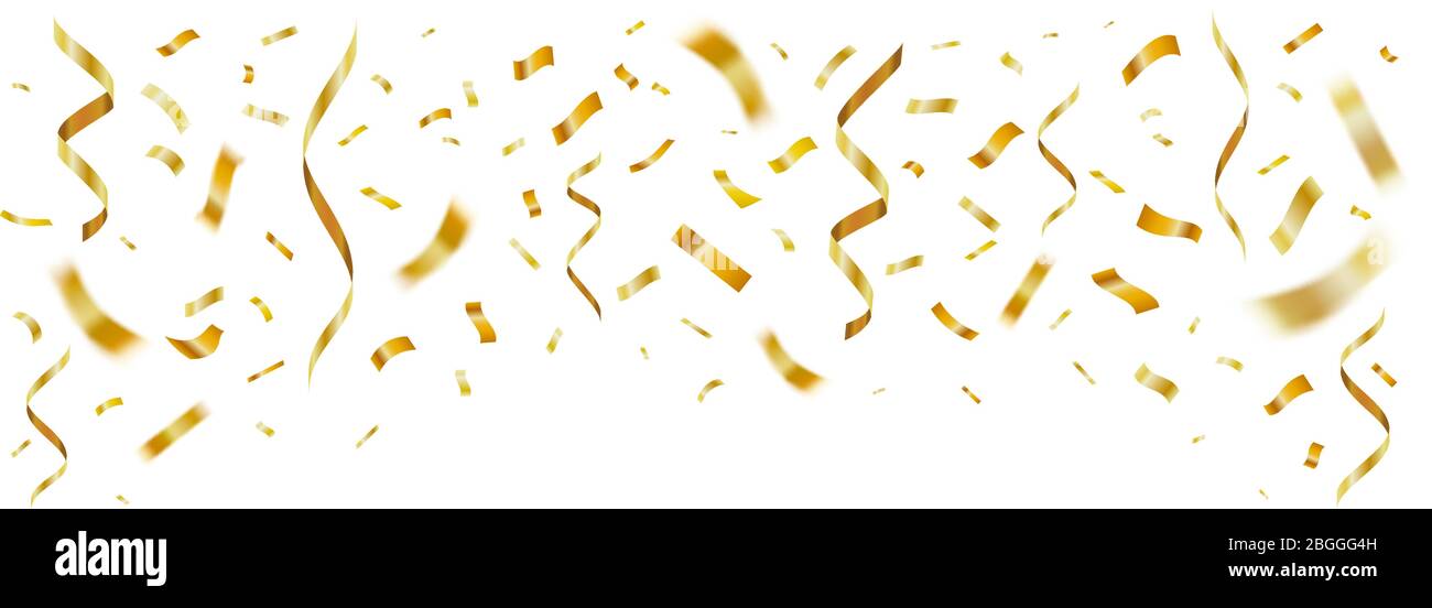 Confetti réaliste brillant or. Fête des fêtes dorées confettis, fête des anniversaire de vol en papier. Vecteur festif de destruction de ruban Illustration de Vecteur