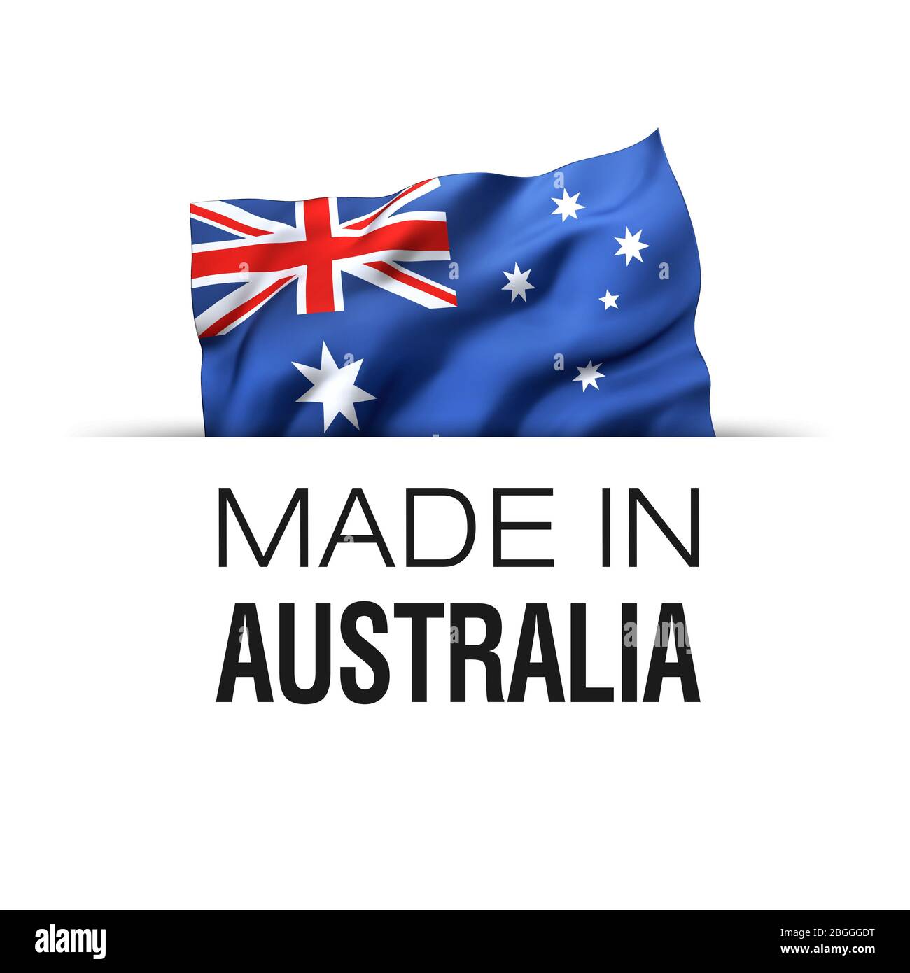 Fabriqué en Australie - étiquette de garantie avec un drapeau australien agitant. Banque D'Images