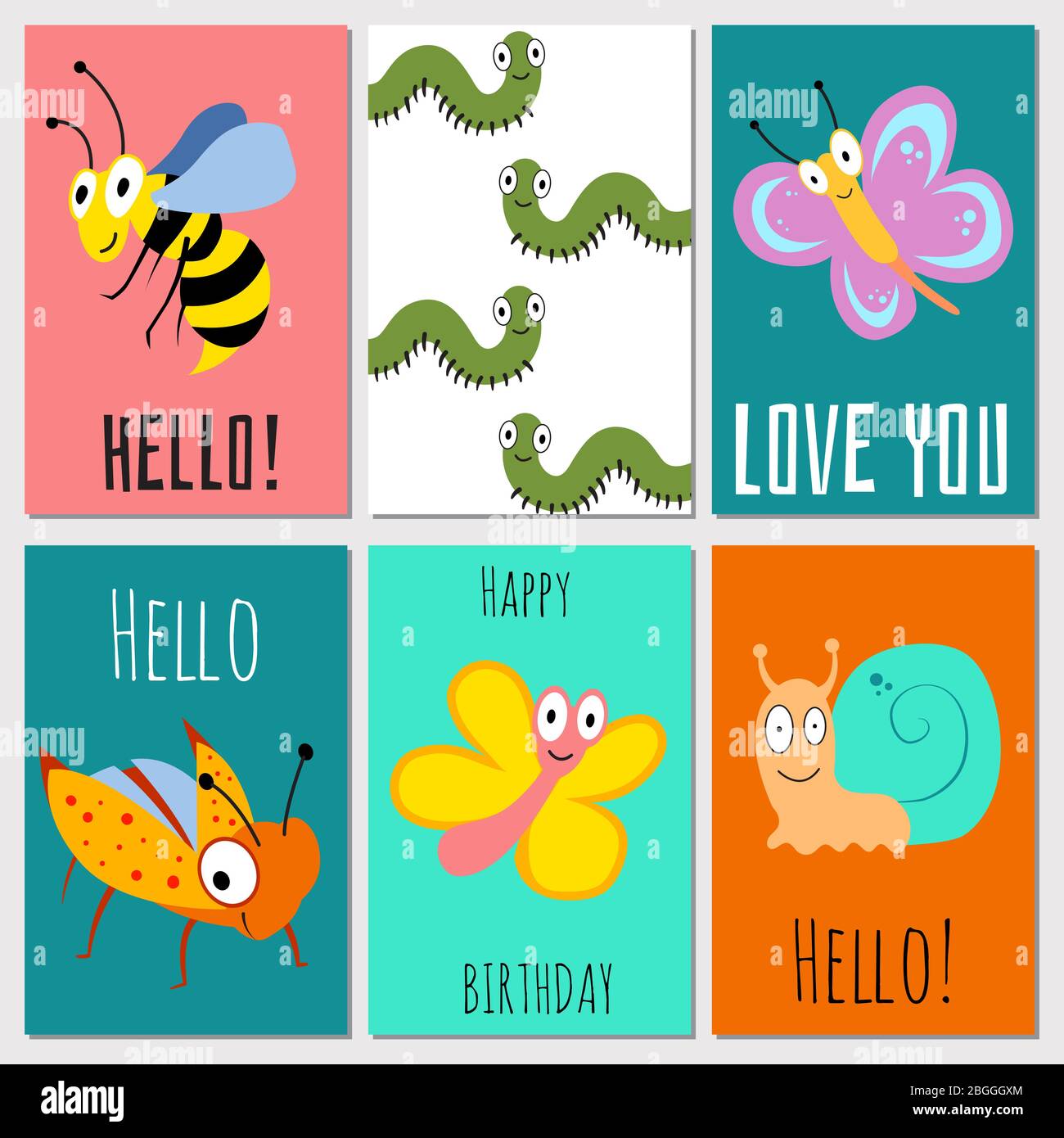 Bonjour, joyeux anniversaire, vous adorez des cartes de jeu avec des insectes de dessin animé. Illustration vectorielle Illustration de Vecteur