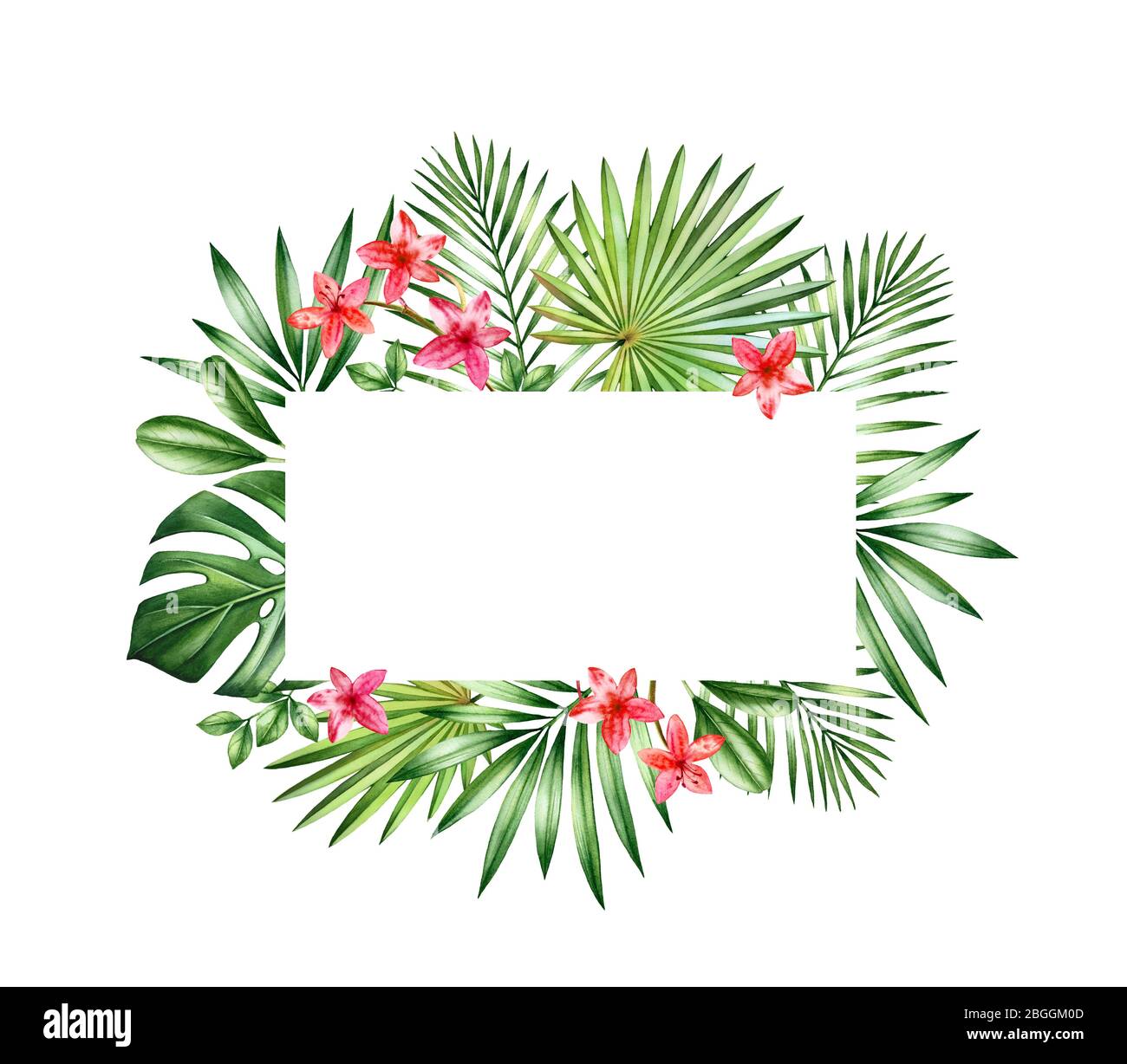 Bannière fleurie aquarelle. Cadre horizontal avec emplacement pour le texte. Petites fleurs orange et feuilles de palmier. Fond tropical peint à la main pour les cartes Banque D'Images