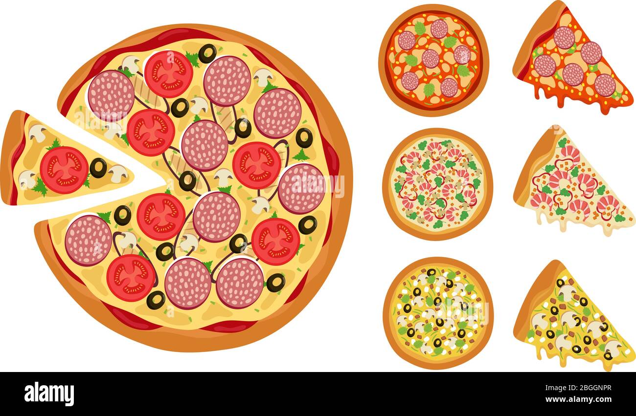 Éléments de pizza traditionnels. Des tranches de pizza chaudes entières sont isolées sur fond blanc. Illustration de plats chauds pour le menu, le fromage et la tomate Illustration de Vecteur