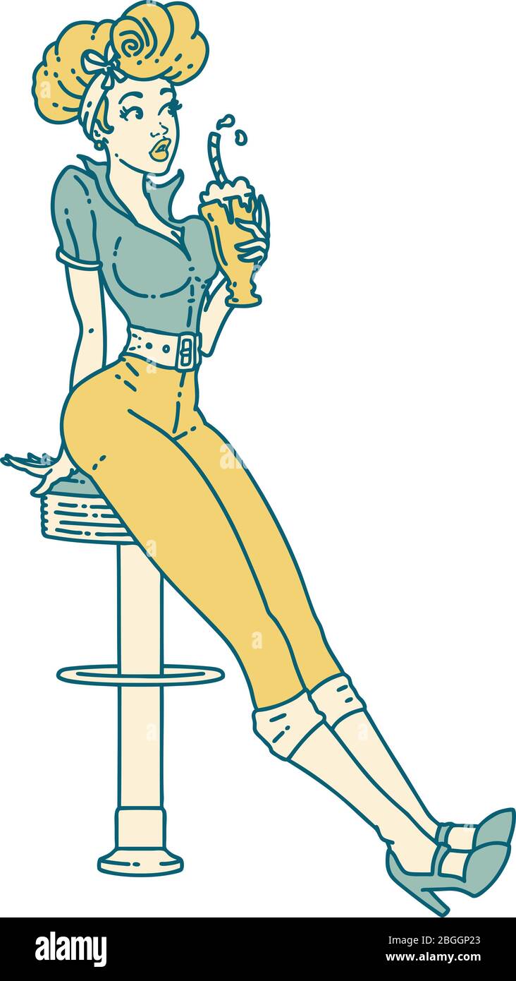 tatouage dans le style traditionnel d'une fille de pinup buvant un milkshake Illustration de Vecteur