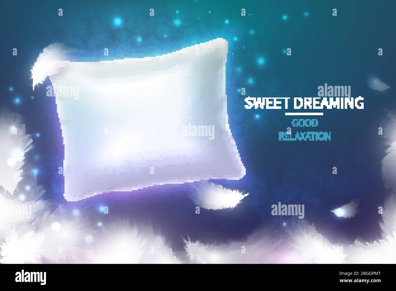 Concept rêvant avec oreiller blanc réaliste en relief. Coussin doux et confortable pour une bonne relaxation. Arrière-plan vectoriel AD. Illustration d'un repos confortable sur l'oreiller Illustration de Vecteur