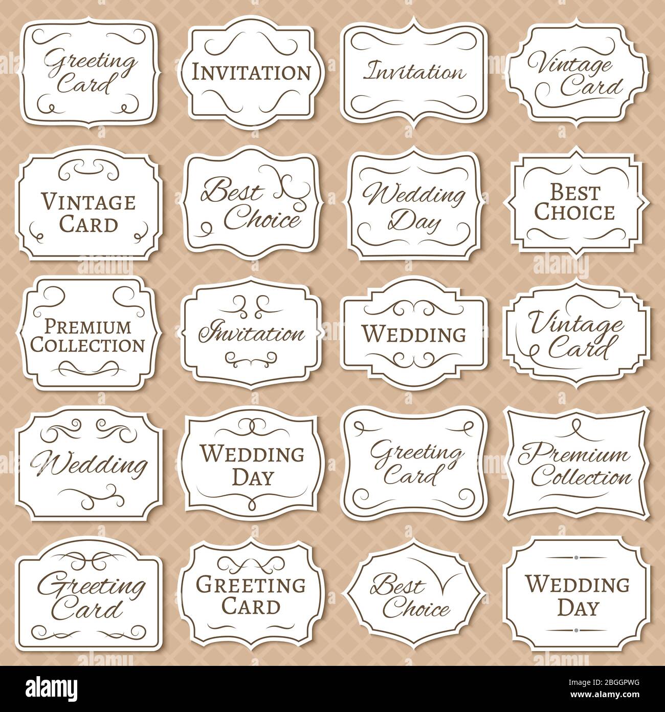 Cadres vintage avec ornement floral. Étiquettes rétro de mariage victorien. Autocollants vectoriels anciens isolés. Autocollant de mariage et illustration du cadre de l'étiquette Illustration de Vecteur