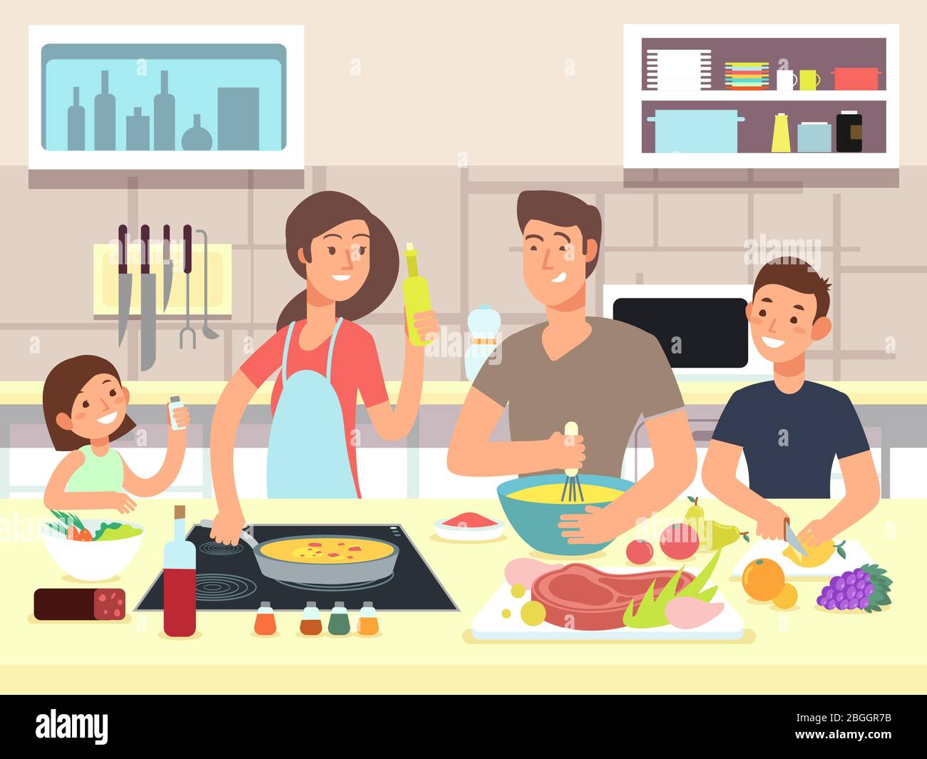Bonne cuisine familiale. Mère et père avec enfants cuisinent des plats dans la cuisine dessin vectoriel de dessin animé. Cuisine familiale, mère et père sur la cuisine Illustration de Vecteur