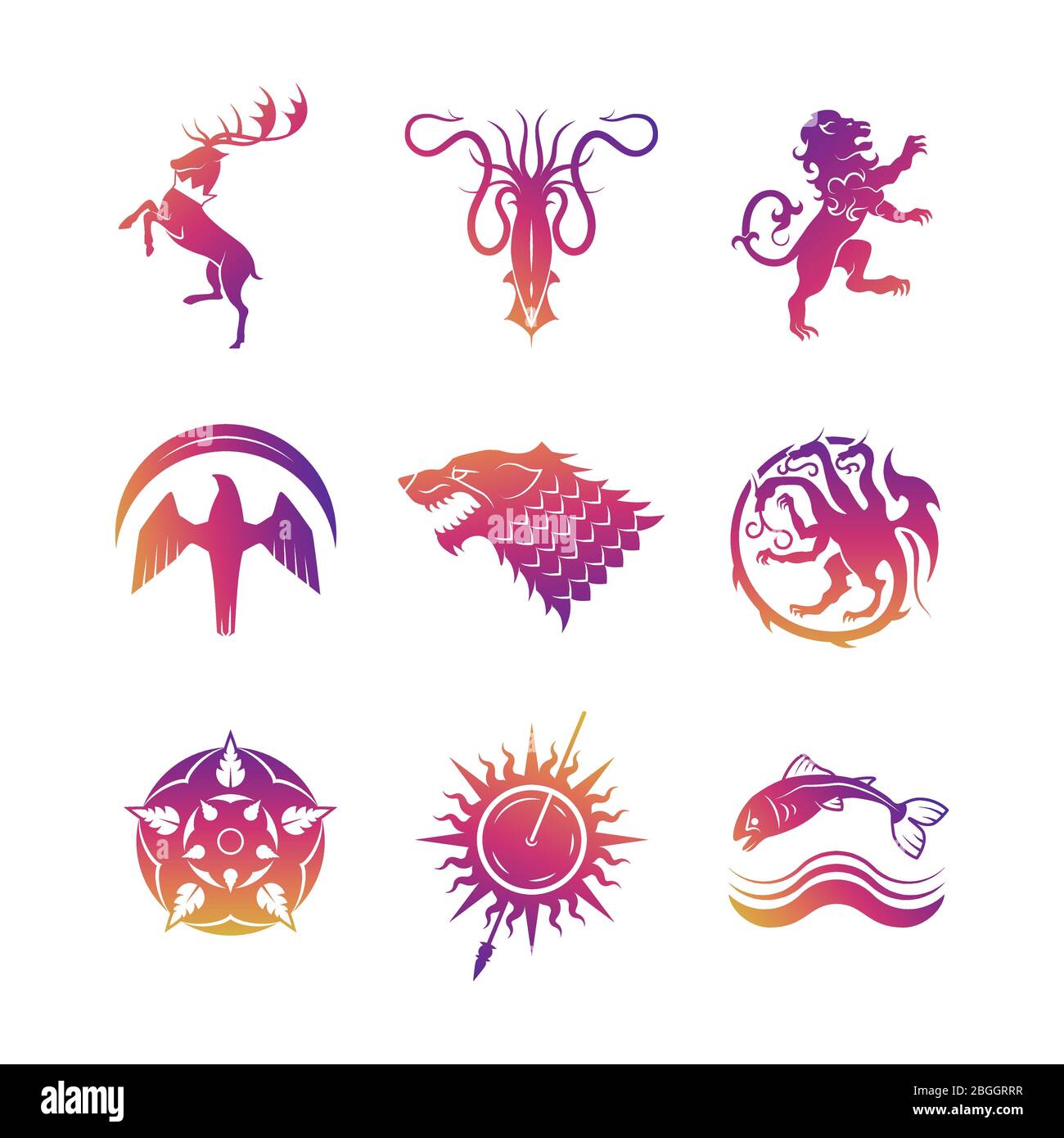 Des icônes vectorielles héraldiques lumineuses avec des animaux et des symboles trône silhouettes illustration Illustration de Vecteur