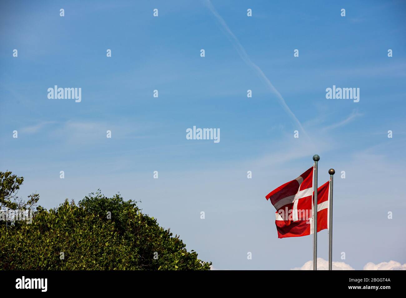 Drapeaux danois au vent sur une journée d'été claire, sur le ciel bleu Banque D'Images