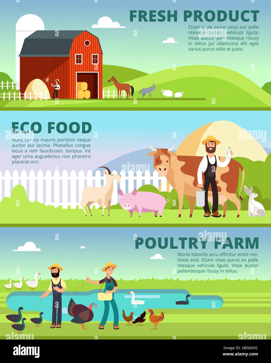 Bannières d'agriculture biologique et d'agroalimentaire avec personnages de caricatuers et animaux de ferme, illustration vectorielle Illustration de Vecteur