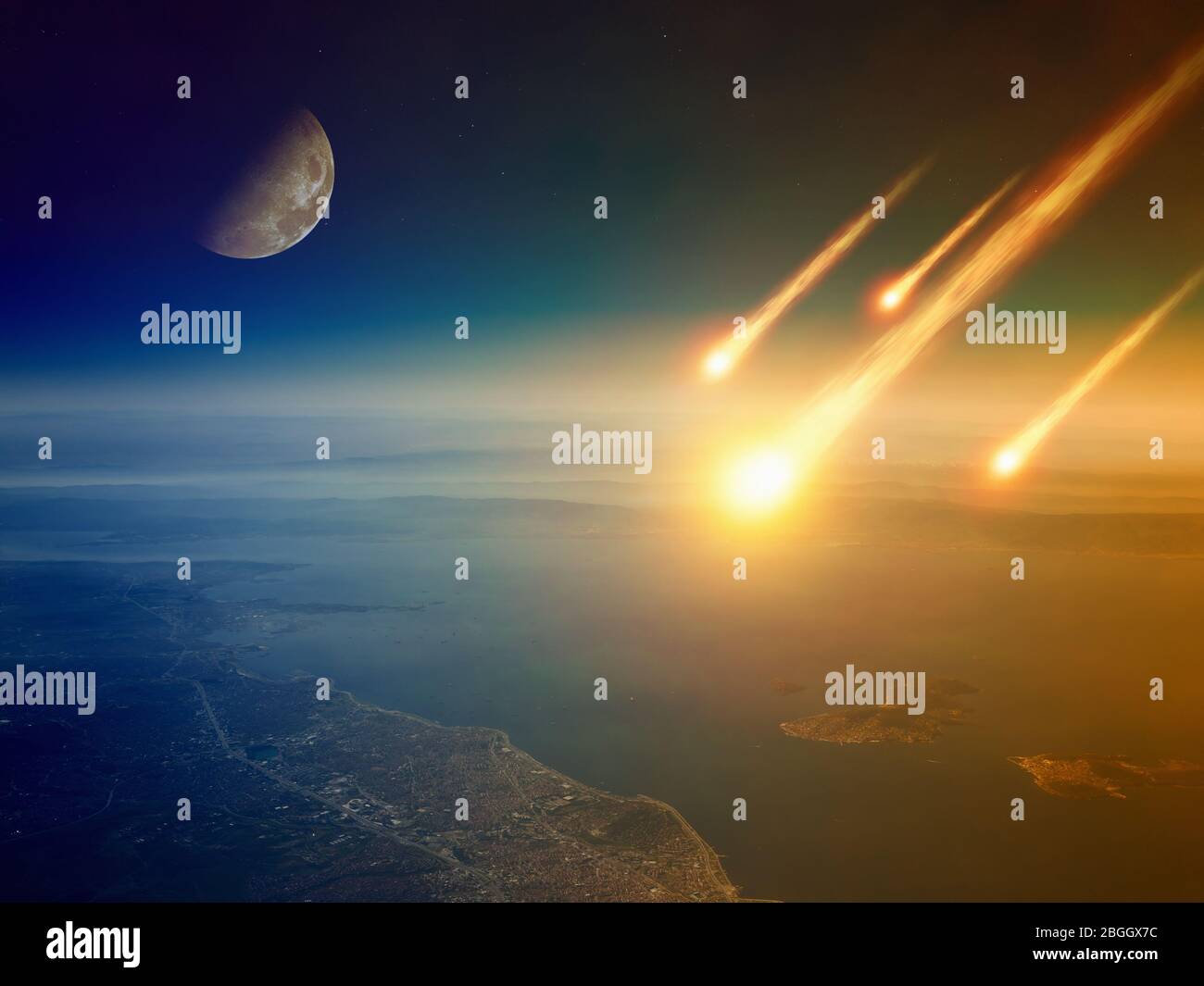 Contexte apocalyptique - impact astéroïde, fin du monde, jour du jugement. Groupe de brûlage explosion des astéroïdes s'approche de la surface de la planète Terre. Ele Banque D'Images