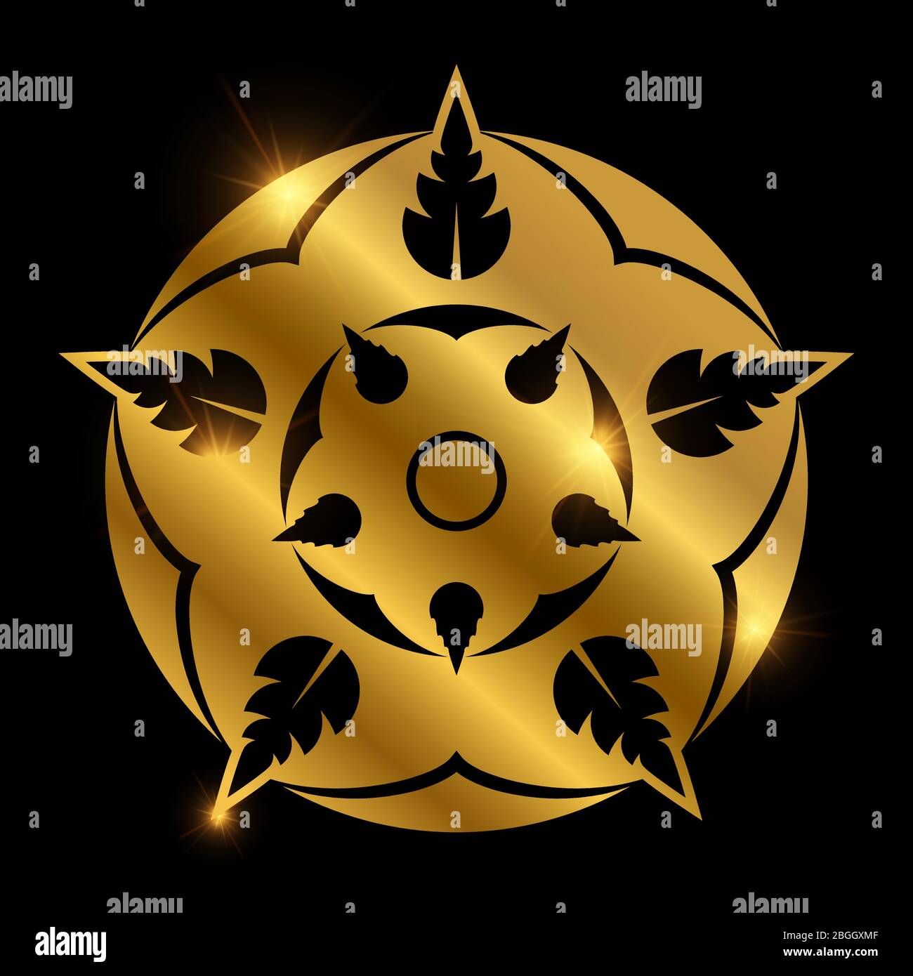 Fleur héraldique dorée brillante. Elément floral abstrait sur fond noir. Illustration vectorielle Illustration de Vecteur