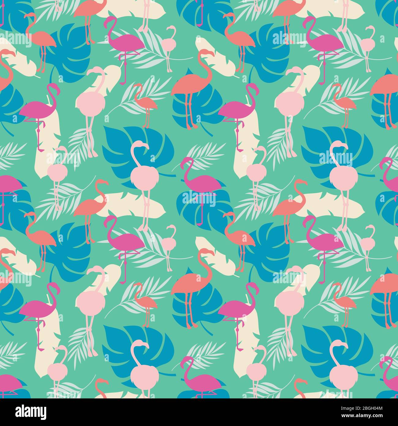 Motif tropical brillant en été sans couture avec flamants et plantes. Illustration vectorielle Illustration de Vecteur