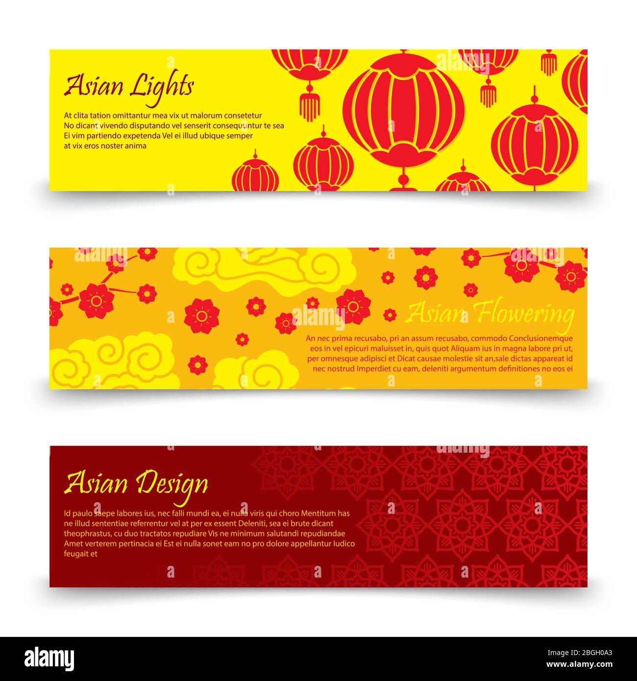 Modèle de bannières asiatiques traditionnelles. Illustration de la bannière et du jeu d'affiches Vector chinese, japanese lights and flowers Illustration de Vecteur