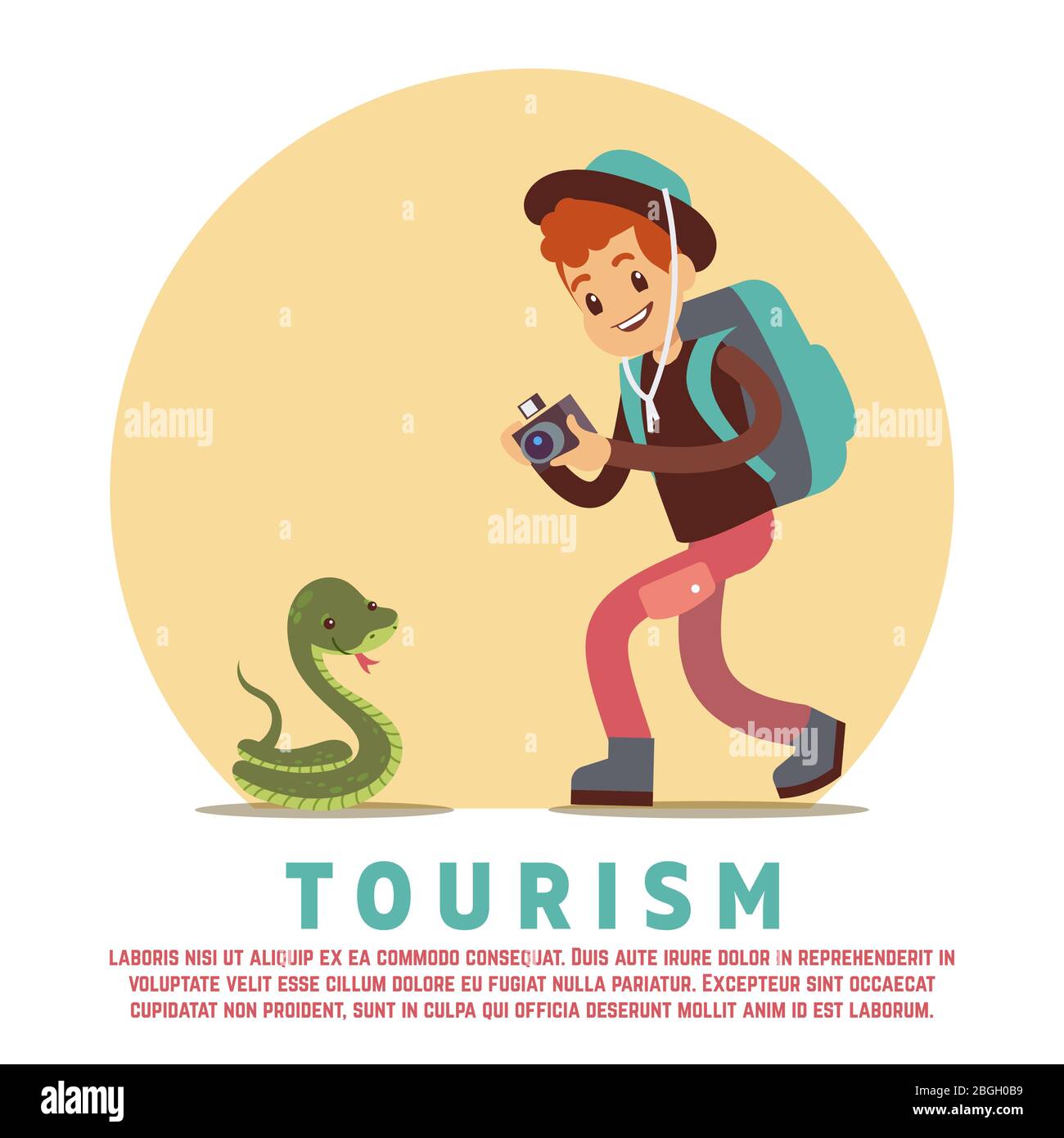 Bannière ou affiche de concept de tourisme avec un touriste mâle plat et serpent. Illustration vectorielle Illustration de Vecteur