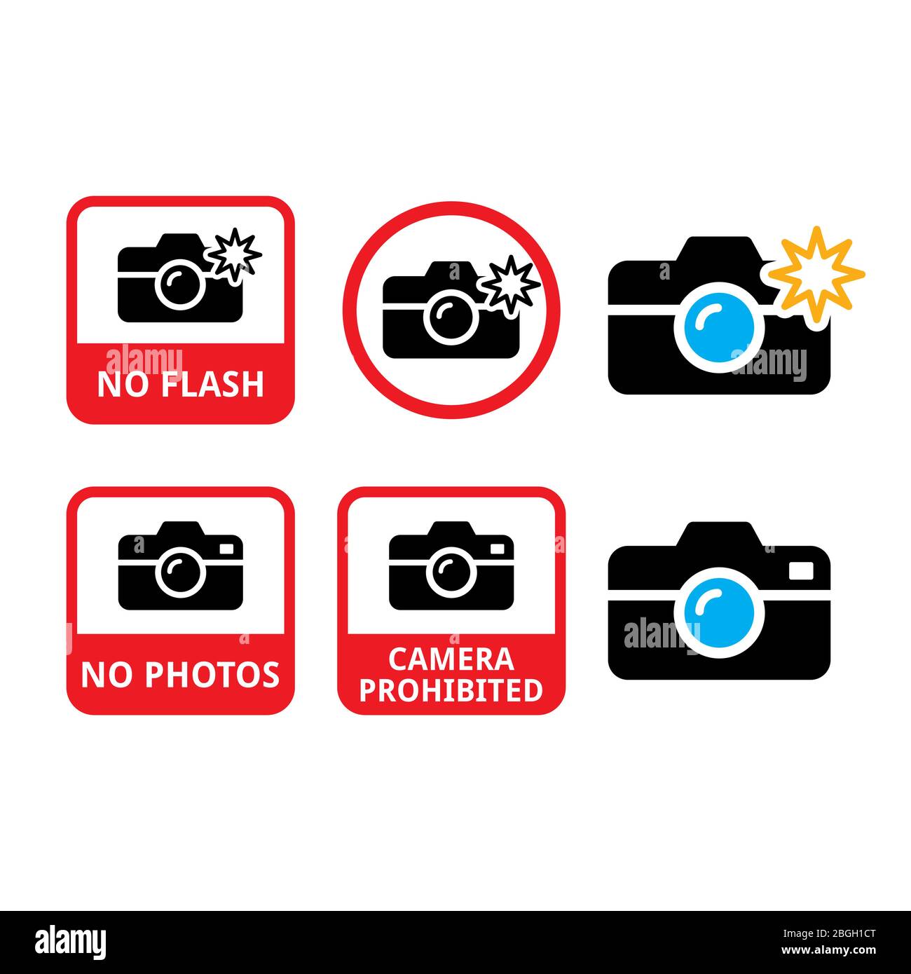 Pas de photos, pas d'appareil photo, pas d'icônes vectorielles Flash - ne prenez pas de photos avertissement, collection d'icônes isolée sur blanc - pas de photographie avec flash Illustration de Vecteur