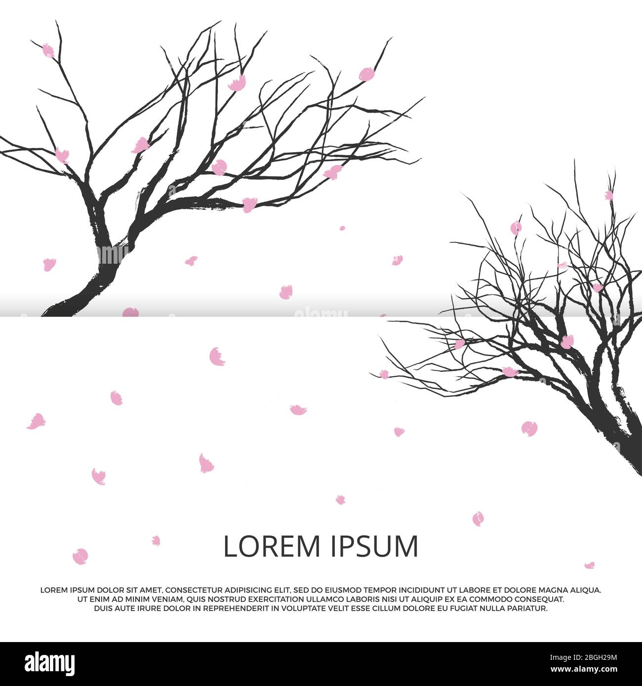 Silhouette de Grunge sakura et feuilles roses volantes. Illustration romantique du modèle de bannière vectorielle japonaise Illustration de Vecteur