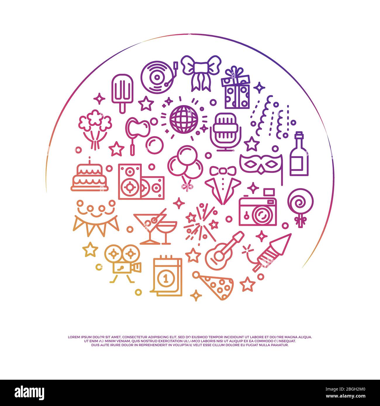 Design du concept de fête. Événement, fête, animation, contours icônes vectorielles dans l'illustration de la conception de cercles Illustration de Vecteur