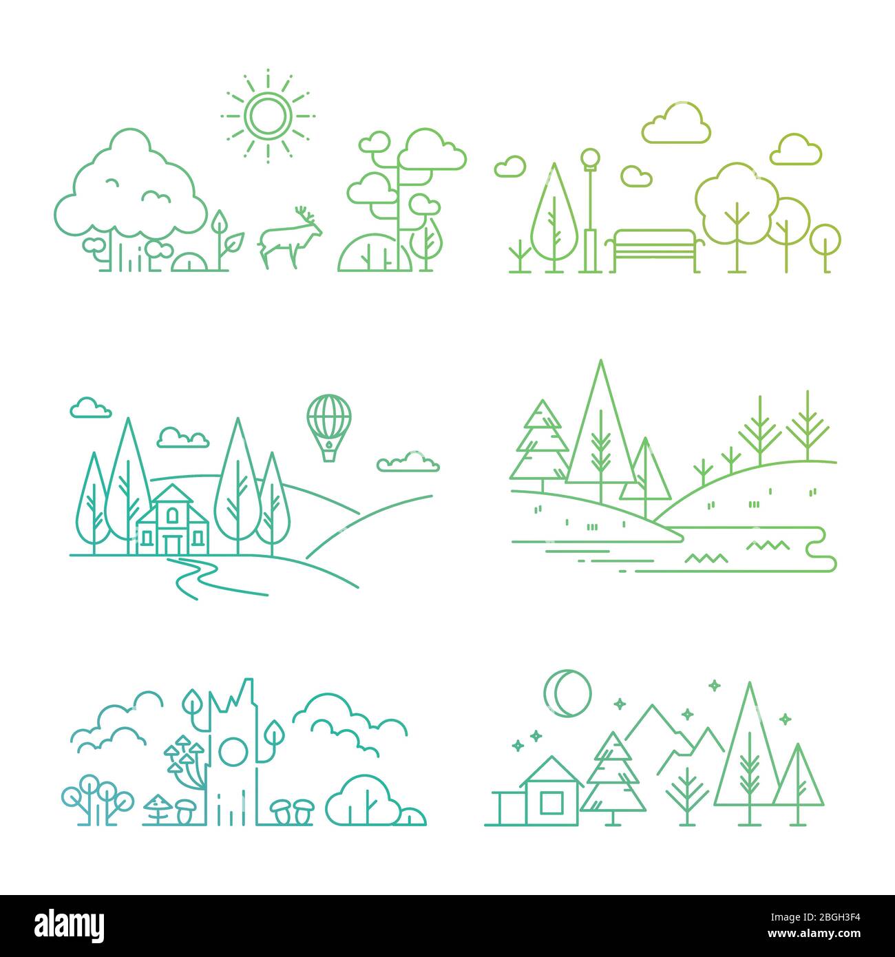Les paysages naturels lumineux présentent des icônes avec arbre, plantes, montagnes, rivière. Illustration vectorielle Illustration de Vecteur
