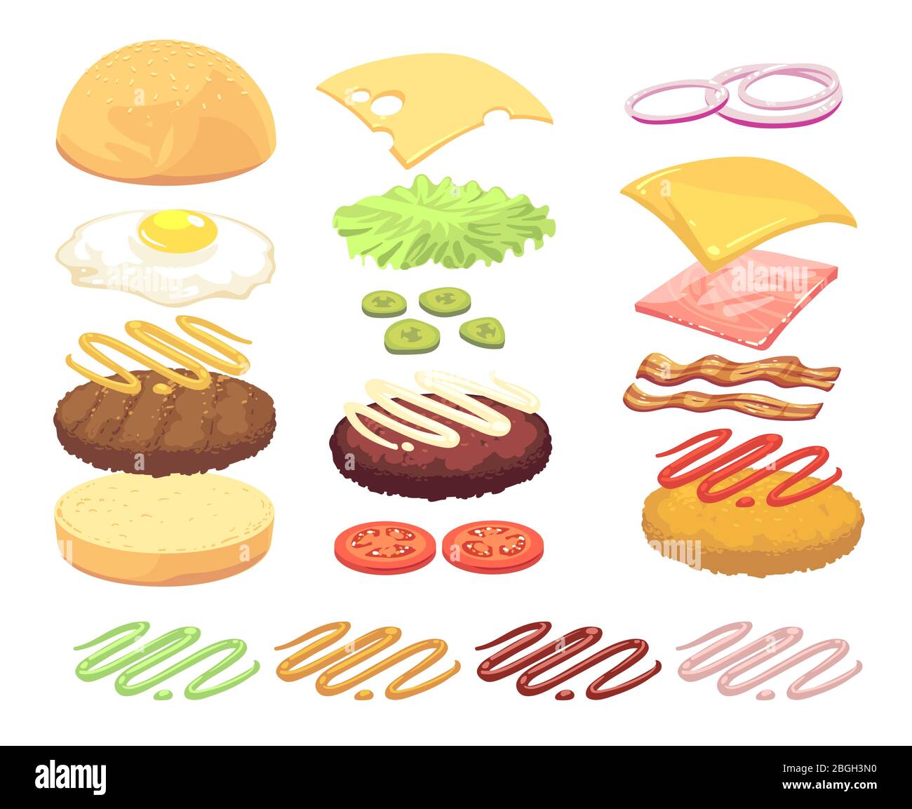 Sandwich et ingrédients alimentaires hamburger ensemble vectoriel de dessins animés. Illustration du cheeseburger et du hamburger, du pain et du concombre, du fromage et de la viande Illustration de Vecteur