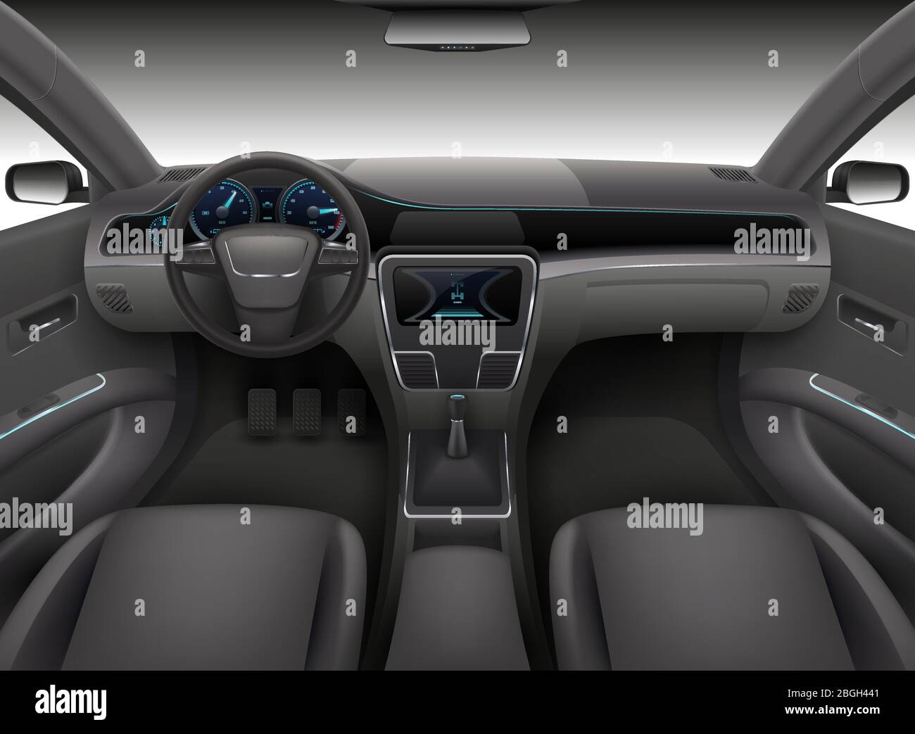 Intérieur réaliste de la voiture avec barre, panneau avant du tableau de bord et illustration