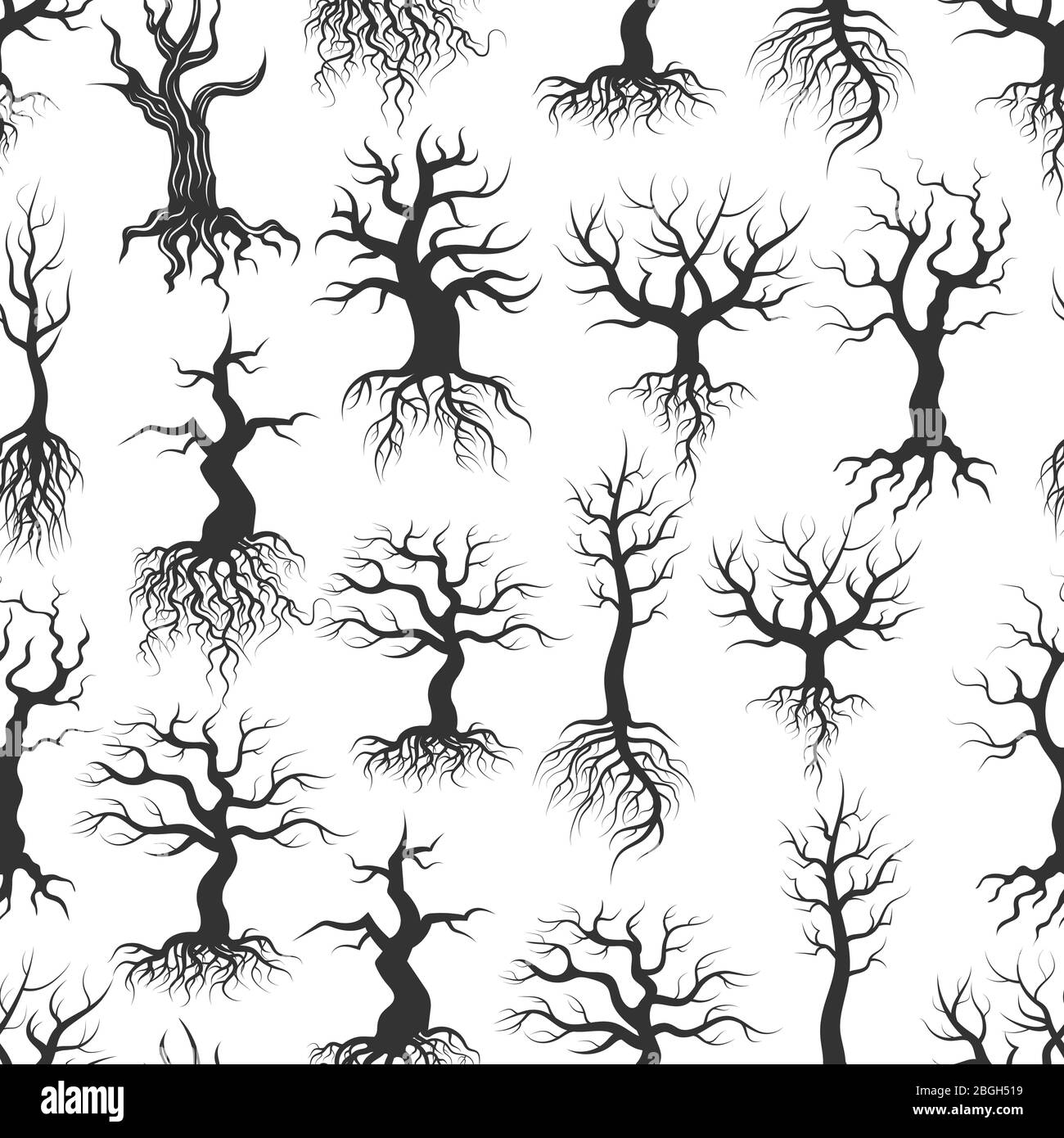 Arrière-plan et motif sans amies des vieilles silhouettes d'arbre. Arbre avec texture de racines. Illustration vectorielle Illustration de Vecteur