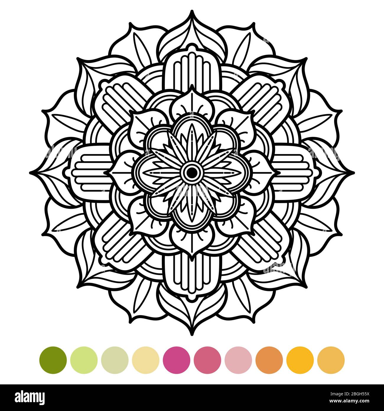 Page de coloration antistress mandala avec échantillon de couleurs. Motif décoratif arabis, asiatique. Illustration vectorielle Illustration de Vecteur