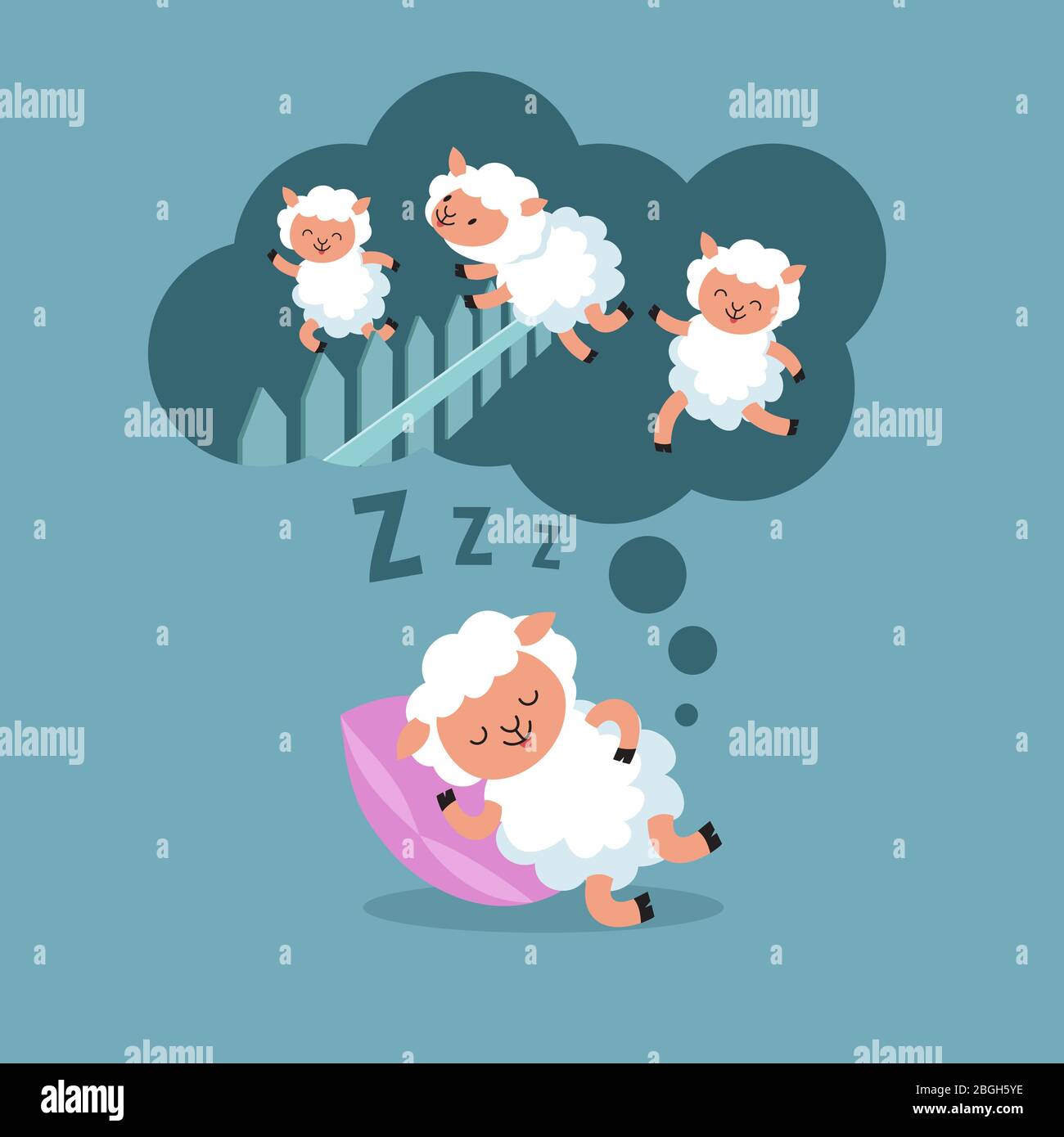 Comptage des moutons pour dormir la nuit. Sauter l'agneau à l'illustration vectorielle de rêve heureux. Joli animal dans le nuage de sommeil Illustration de Vecteur