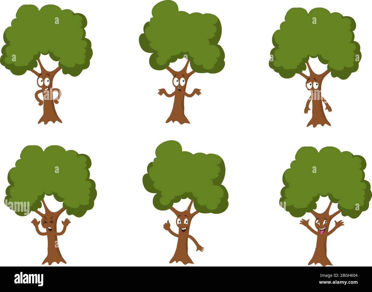 Caricature drôle de l'arbre vert vecteur caractères isolés. Arbre de dessin animé vert caractère avec jolie illustration de face Illustration de Vecteur