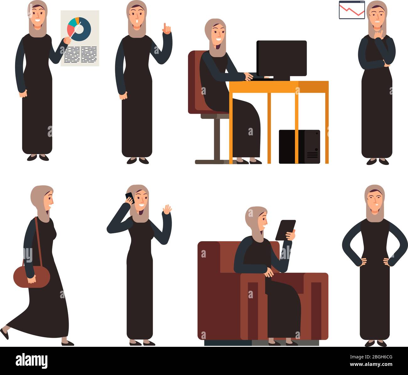 Femme d'affaires arabe dans des vêtements saoudiens islamiques dans différentes situations d'affaires. Les personnages de dessins animés vectoriels arabes sont isolés. Femme d'affaires musulmane dans l'illustration traditionnelle des vêtements Illustration de Vecteur