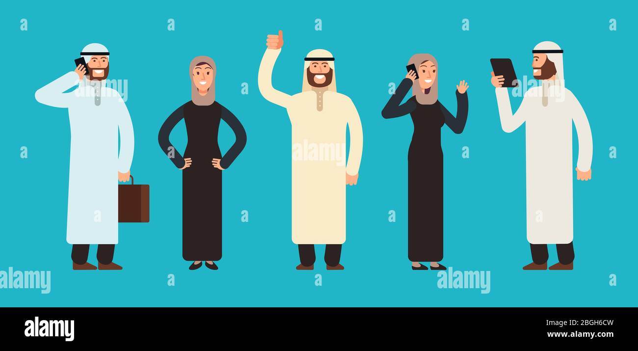 Groupe arabe des hommes d'affaires et des femmes d'affaires. Jeu de personnages vectoriels de l'équipe des hommes d'affaires arabes. Illustration de l'homme et de la femme musulmane arabe de l'équipe d'affaires Illustration de Vecteur