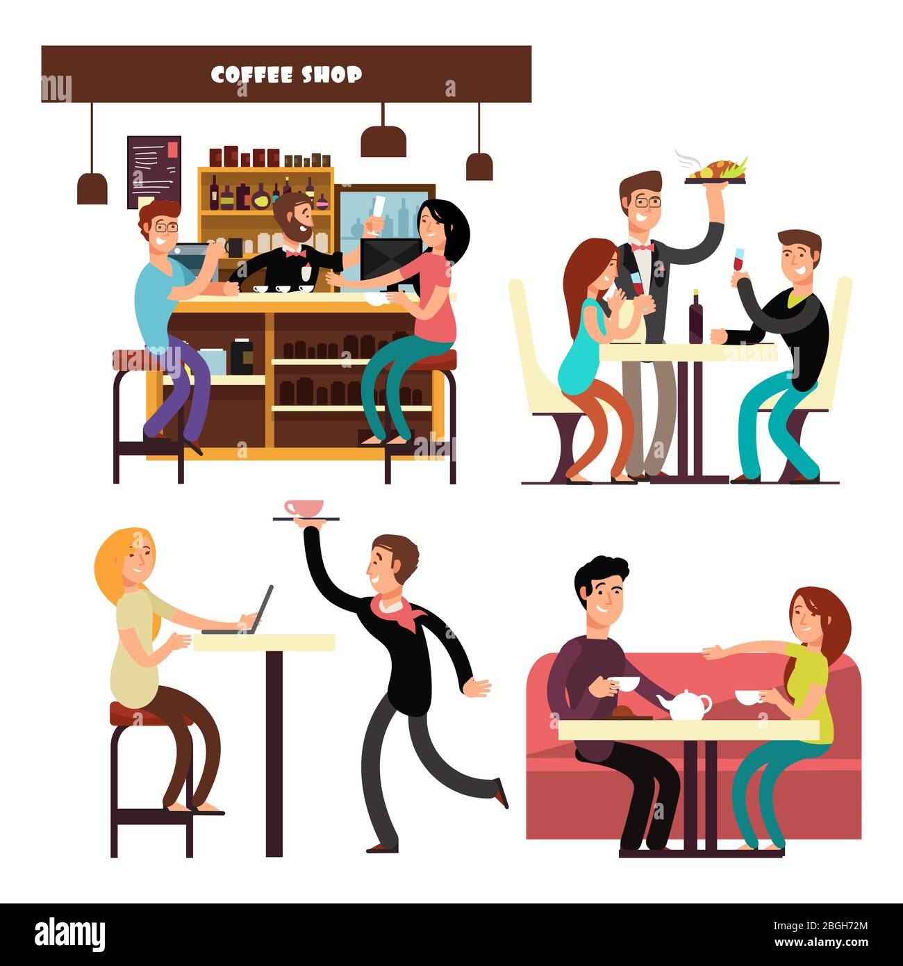 Café, café, restaurant avec réunion et café vecteur personnes. Personnage de dessin animé heureux les gens manger, grinking et travailler dans l'illustration de café Illustration de Vecteur