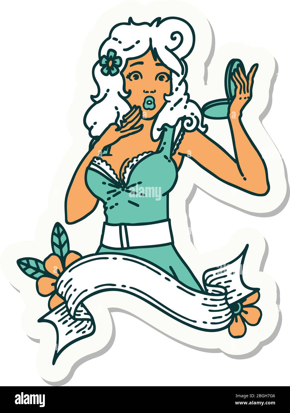 autocollant de tatouage dans le style traditionnel d'une pinup surprise fille avec bannière Illustration de Vecteur