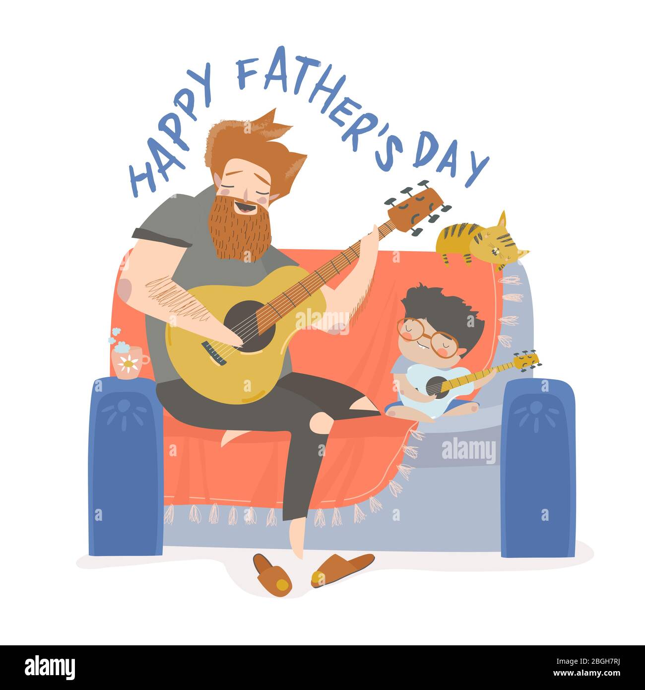 Illustration vectorielle du père jouant de la guitare avec son fils Illustration de Vecteur
