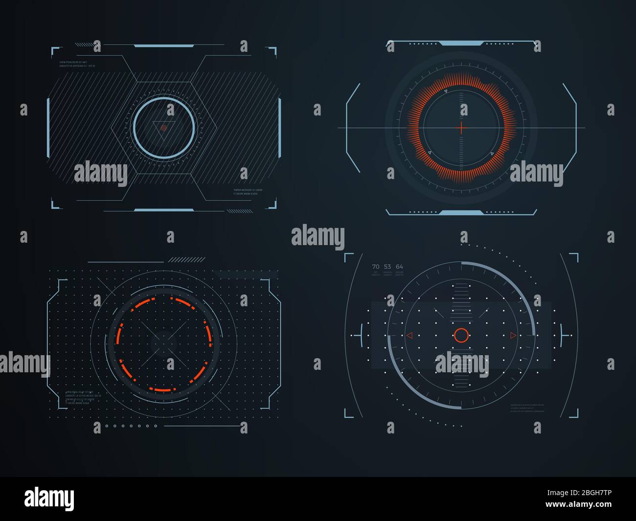 Casque futuriste hud écrans vue du poste de pilotage. Technologie de véhicule à affichage visuel brillant. Panneaux vectoriels de commande d'interface interactive. Viseur virtuel futur, cadre de vue interface utilisateur de jeu futuriste Illustration de Vecteur