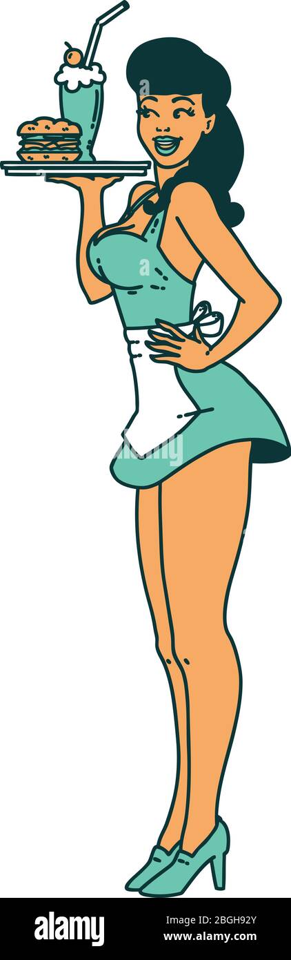 tatouage dans le style traditionnel d'une fille de serveuse de broche Illustration de Vecteur