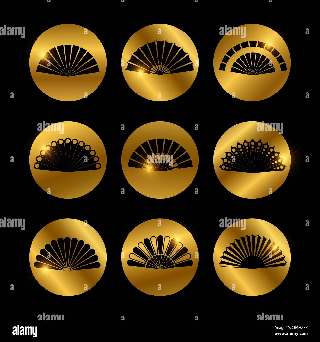 Icônes dorées avec ventilateurs à main vectoriels silhouette noire de l'illustration de l'ensemble Illustration de Vecteur