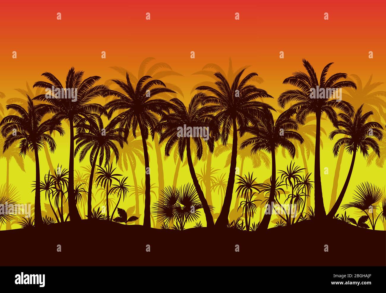 Paysage horizontal transparent exotique, palmiers et plantes tropicales silhouettes noires sur fond orange et jaune. Vecteur Illustration de Vecteur