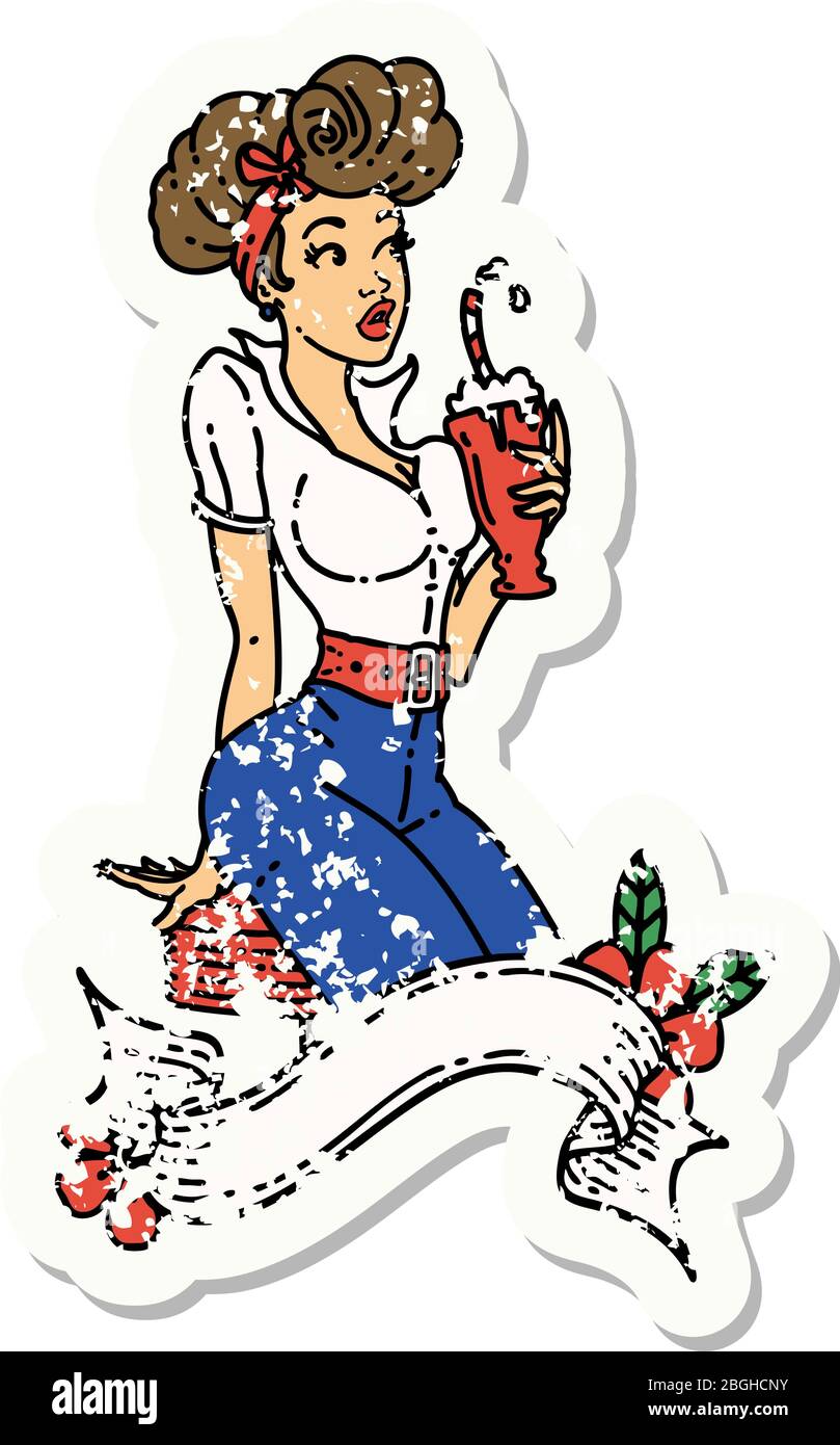 tatouage d'autocollant vieilli dans le style traditionnel d'une fille de pin buvant un milkshake avec bannière Illustration de Vecteur