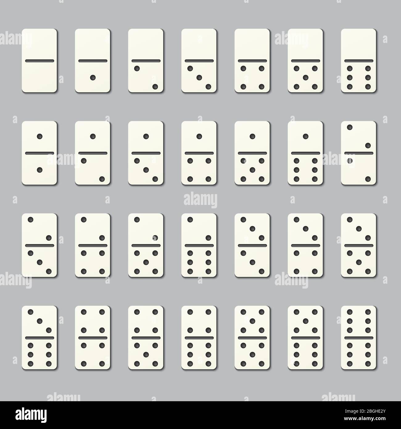 Pièces domino complètes. Tuiles numérotées pour jeu de table de stratégie familiale. Les dominos vectoriels sont isolés sur un arrière-plan transparent. Nombre de points, divertissement de jeu avec illustration rectangulaire Illustration de Vecteur