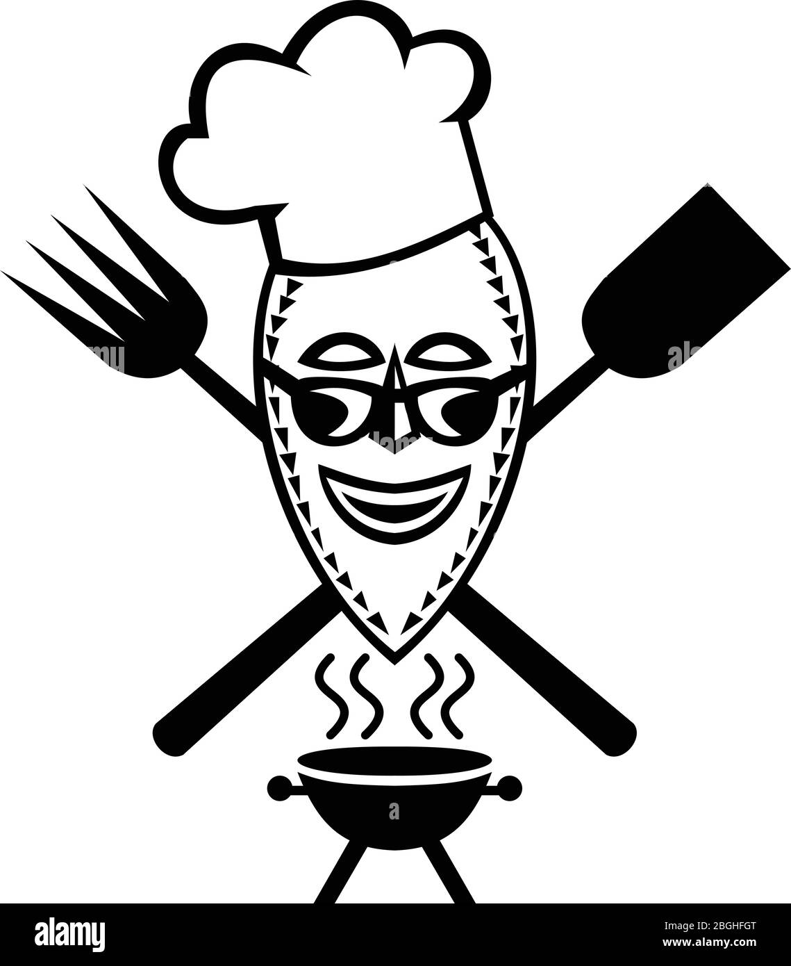 Illustration d'une mascotte d'un chef de barbecue portant un masque africain avec une fourche et une spatule croisées avec barbecue vue de face sur un fond isolé Illustration de Vecteur