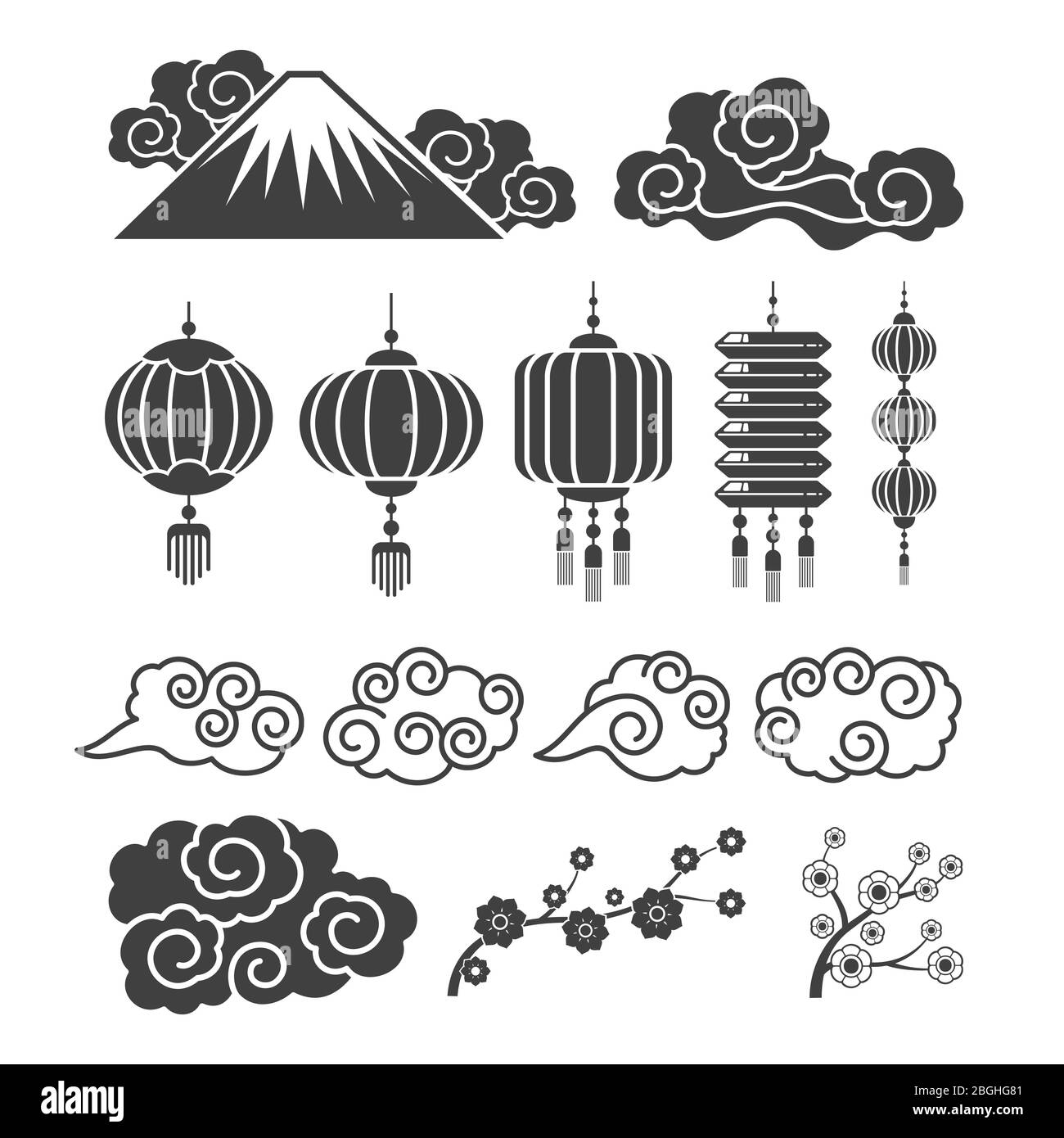 Silhouettes à éléments asiatiques vintage. Lampes, fleurs, nuages, lampes chinoises ou japonaises traditionnelles. Illustration vectorielle orientale de lanterne et de fleur, nuage et branche Illustration de Vecteur