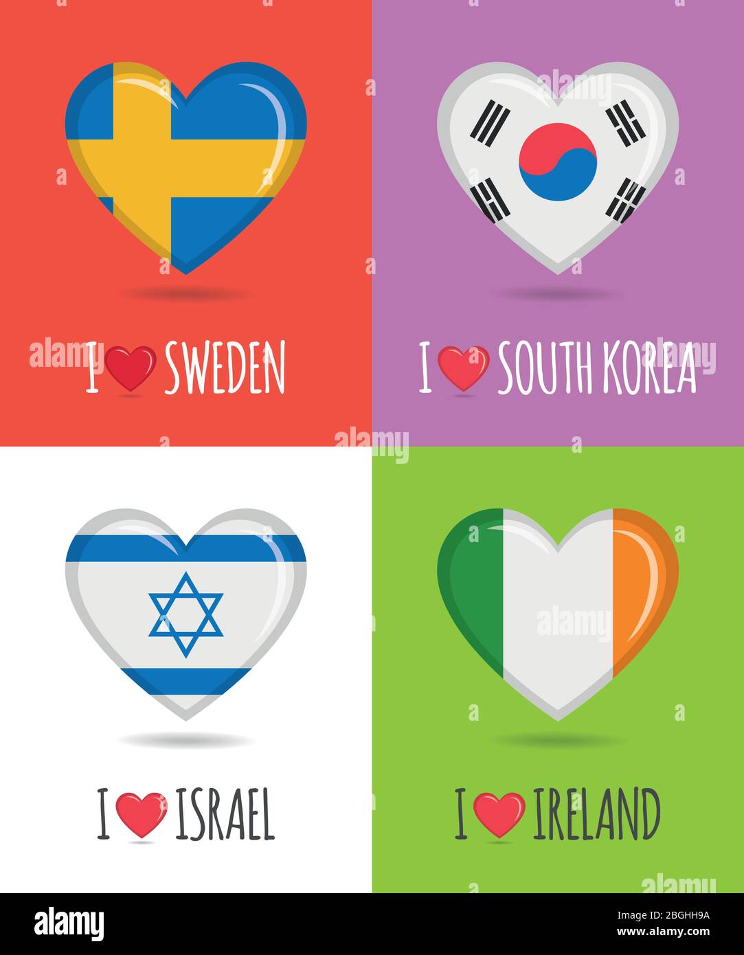 Affiches épris et colorées de Suède, de Corée du Sud, d'Israël et d'Irlande avec drapeau national en forme de coeur et illustration vectorielle de texte Illustration de Vecteur