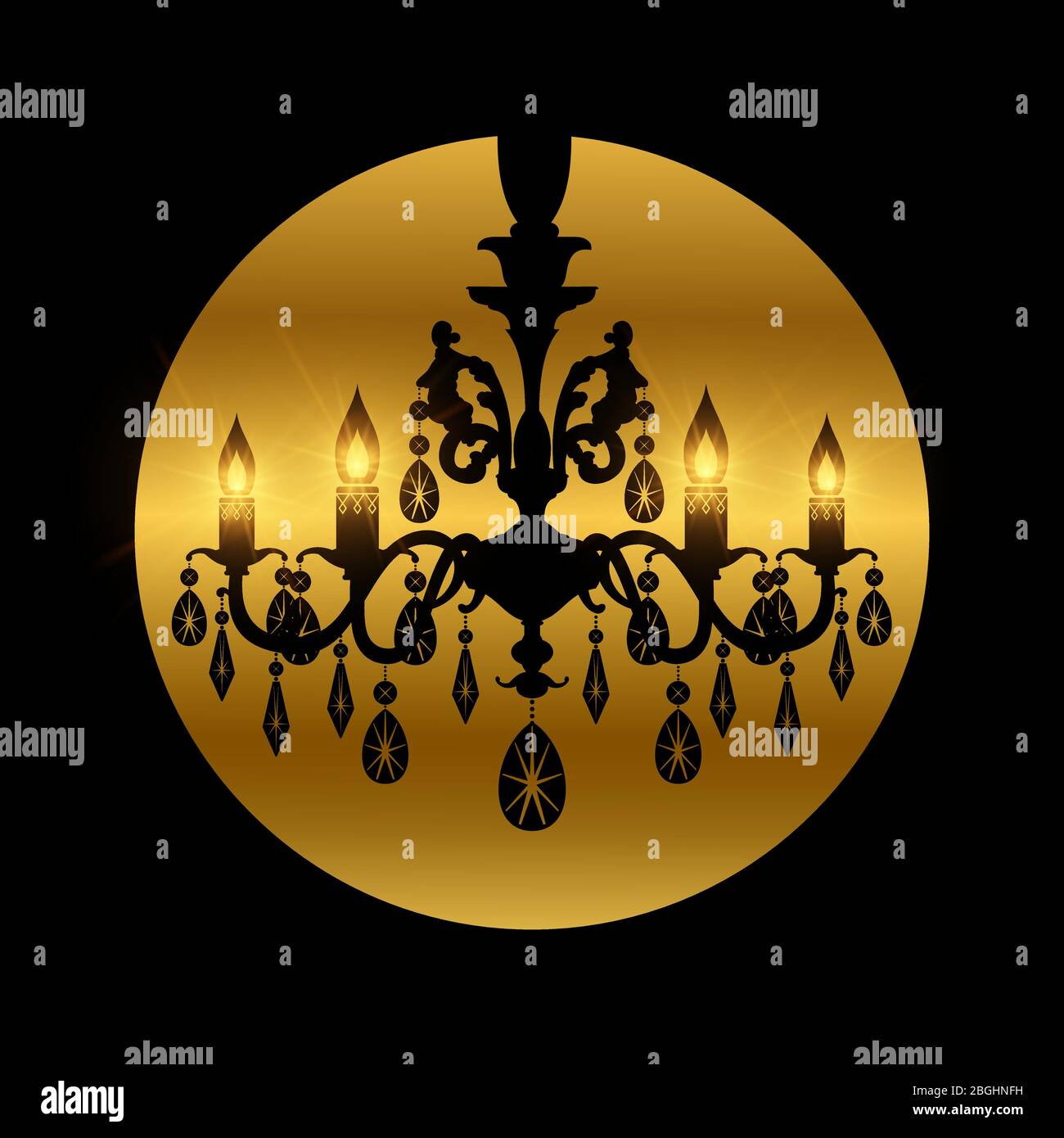 Silhouette lustre en cristal vintage avec icône vectorielle de lumières isolée sur l'illustration noire Illustration de Vecteur